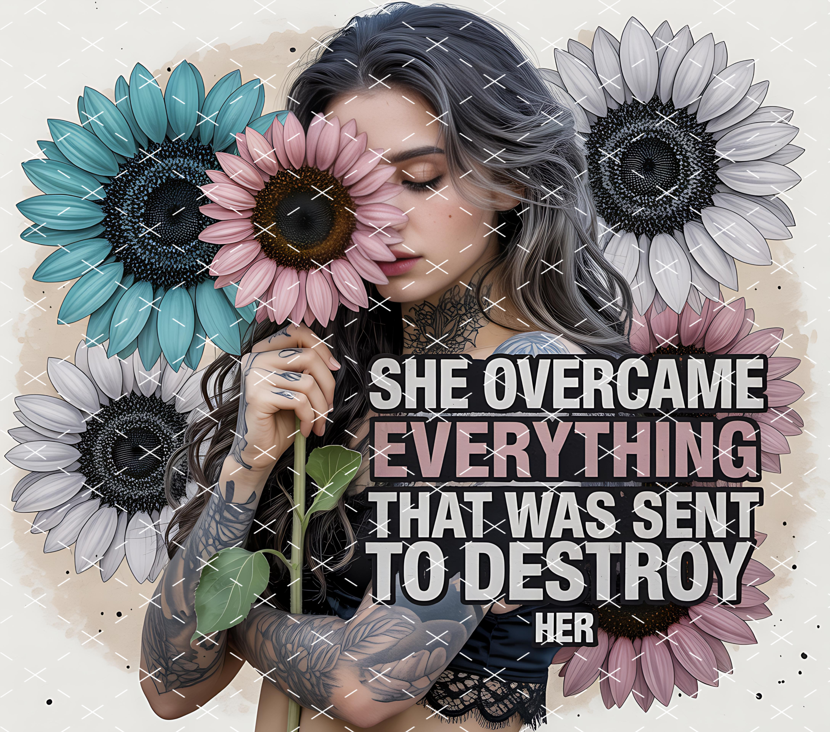 She Overcame Everything: Empowering Sunflower Woman Art tumbler wrap 20oz PNG