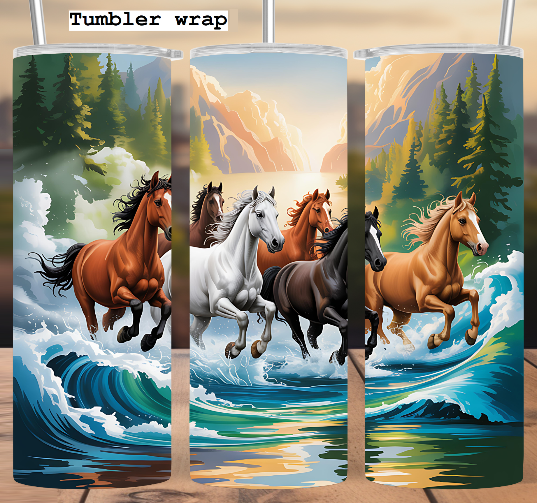 Horses running mountain lake tumbler wrap 20oz PNG