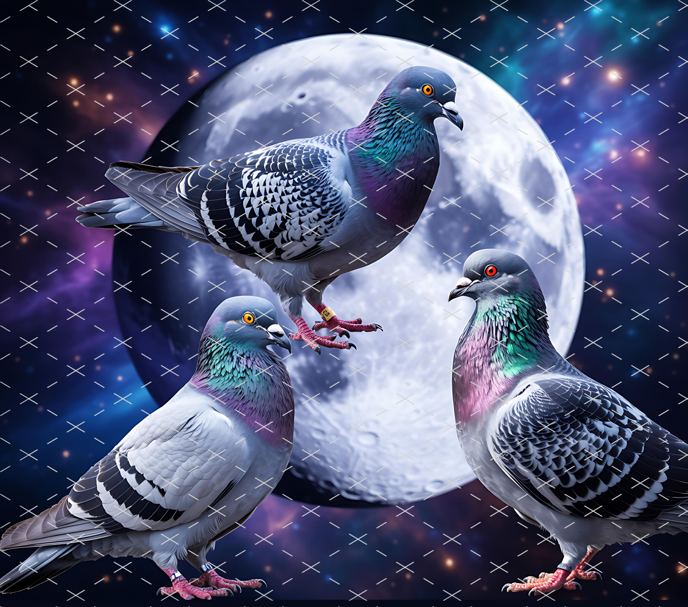 Cosmic Moon Pigeons Art tumbler wrap 20oz PNG