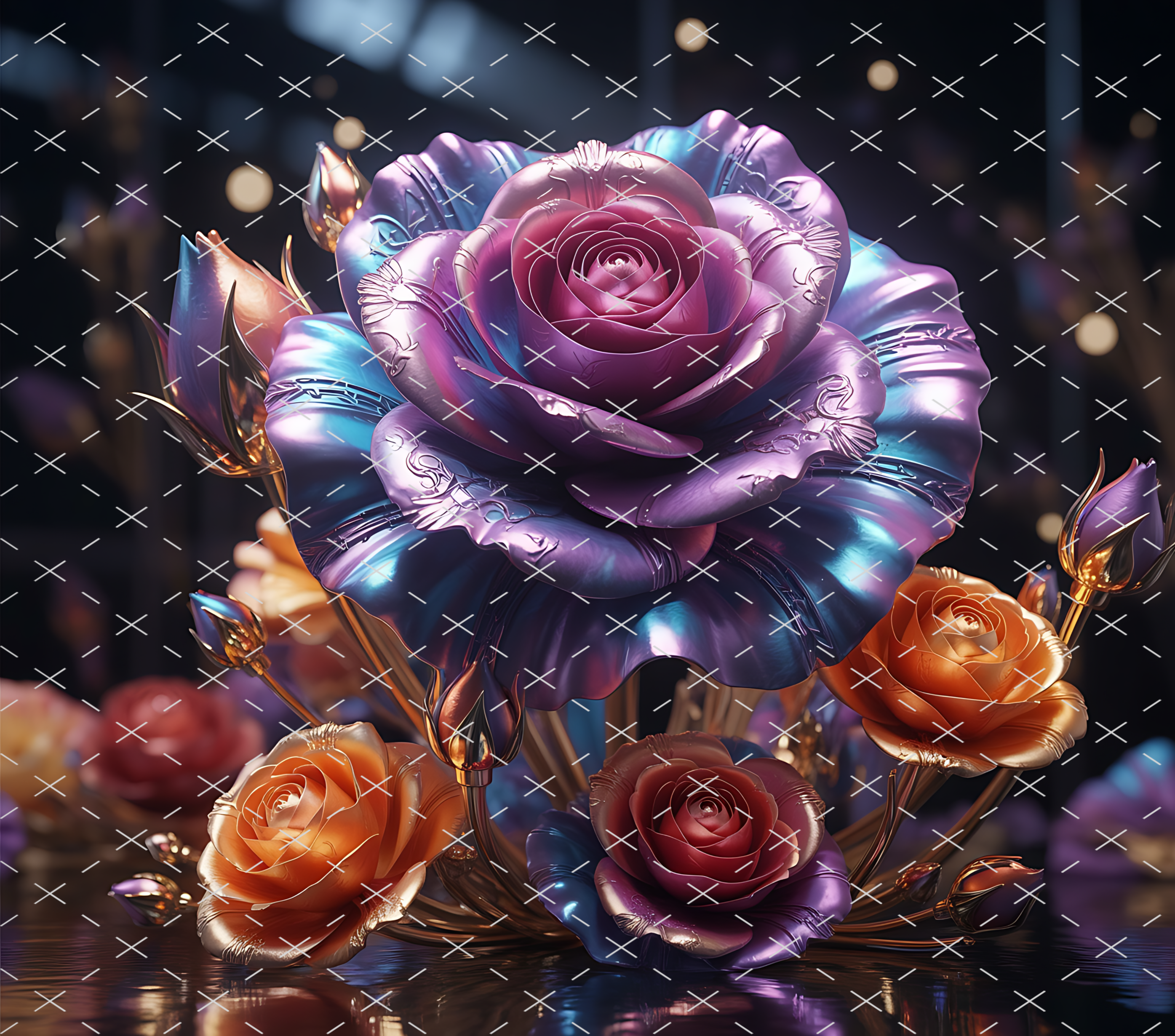 Iridescent Rose Glow: Elegant Metallic Floral Art tumbler wrap 20oz PNG