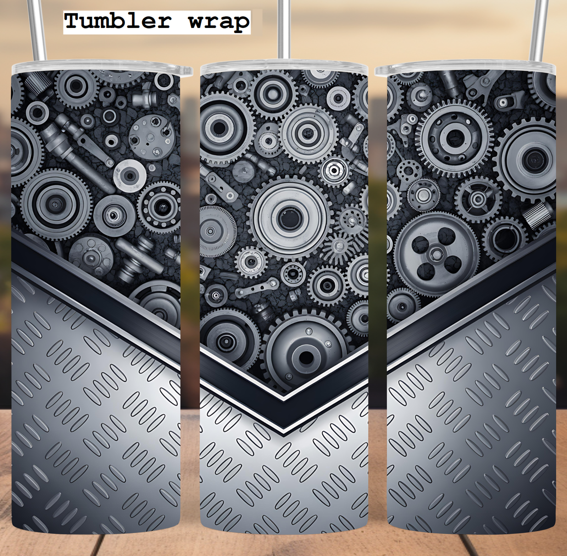 Industrial Metal Gears Steel Design tumbler wrap 20oz PNG