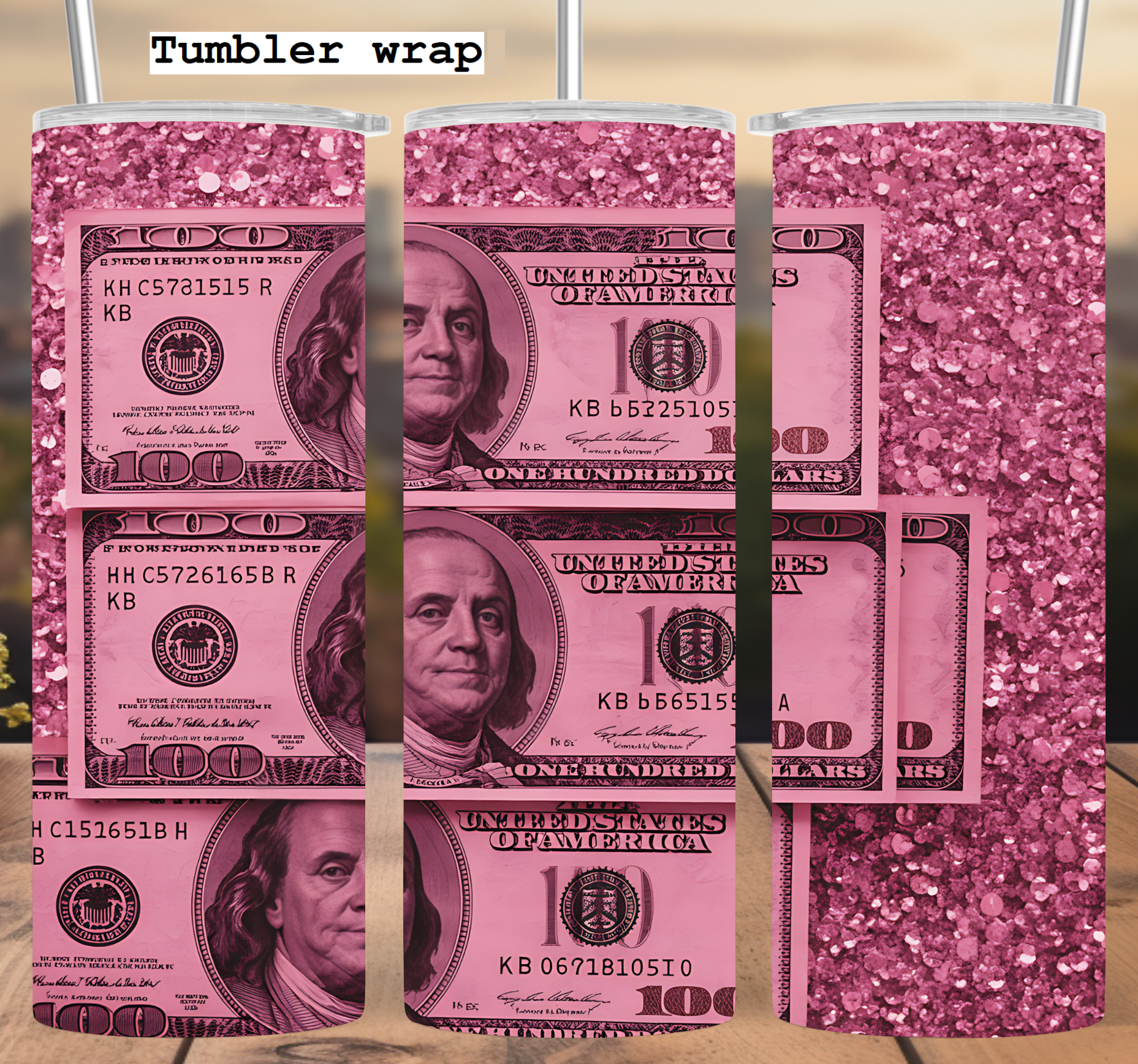 Pink Money Vibes: Glam Glitter Cash Aesthetic tumbler wrap 20oz PNG