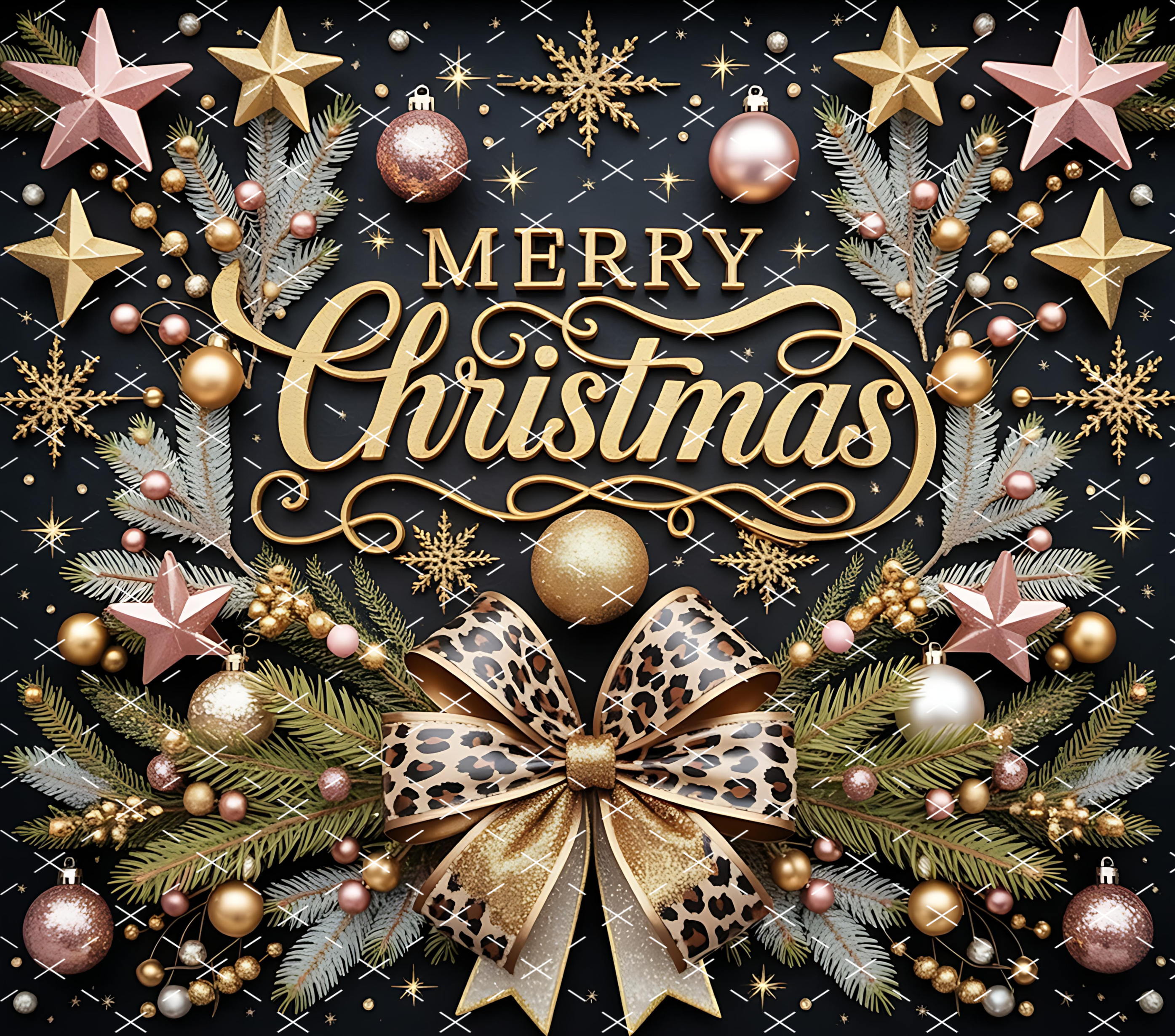 Merry Christmas Leopard Bow: Elegant Gold Stars and Ornaments Holiday tumbler wrap 20oz PNG