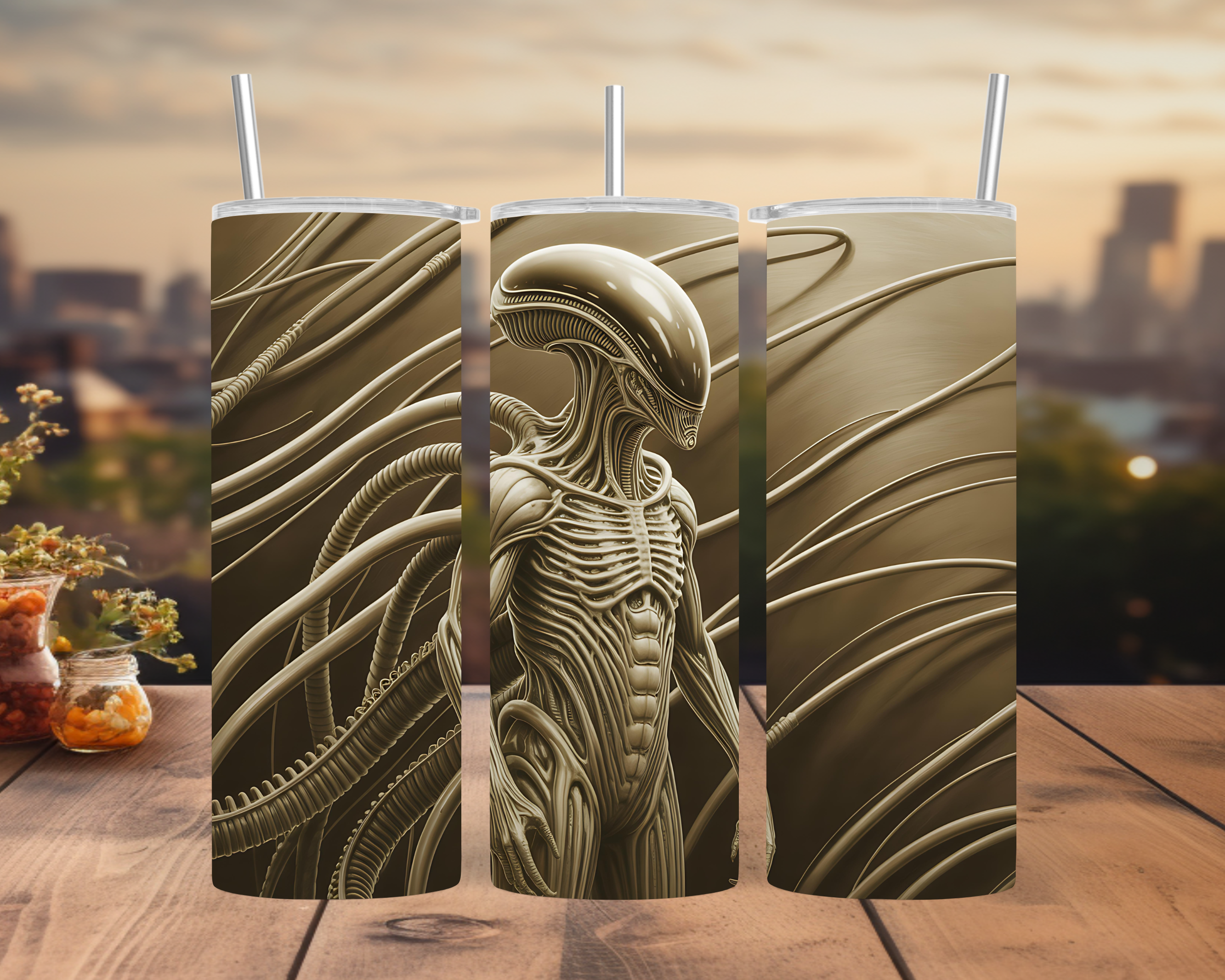 Biomechanical Alien Tumbler Wrap: Futuristic Sci-Fi Creature Design 20oz PNG (Digital Download)