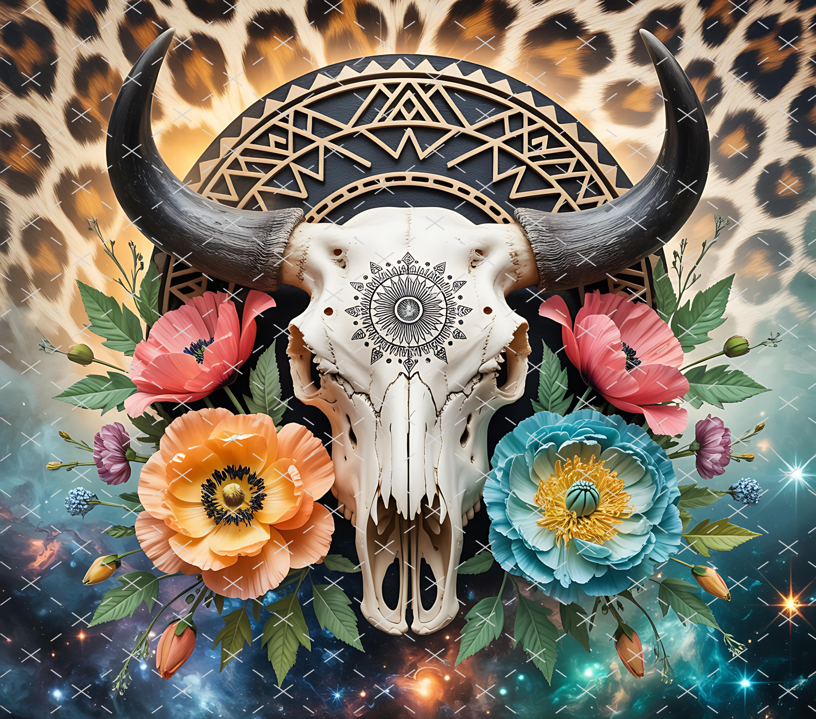 Boho Bull Skull Floral Leopard: Western Chic Galaxy Aesthetic tumbler wrap 20oz PNG