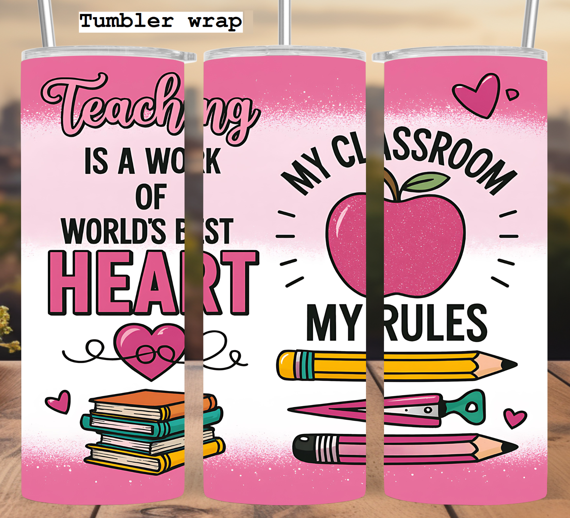 Teacher Tumbler Wrap: Classroom Apple Heart Design 20oz PNG Digital Download