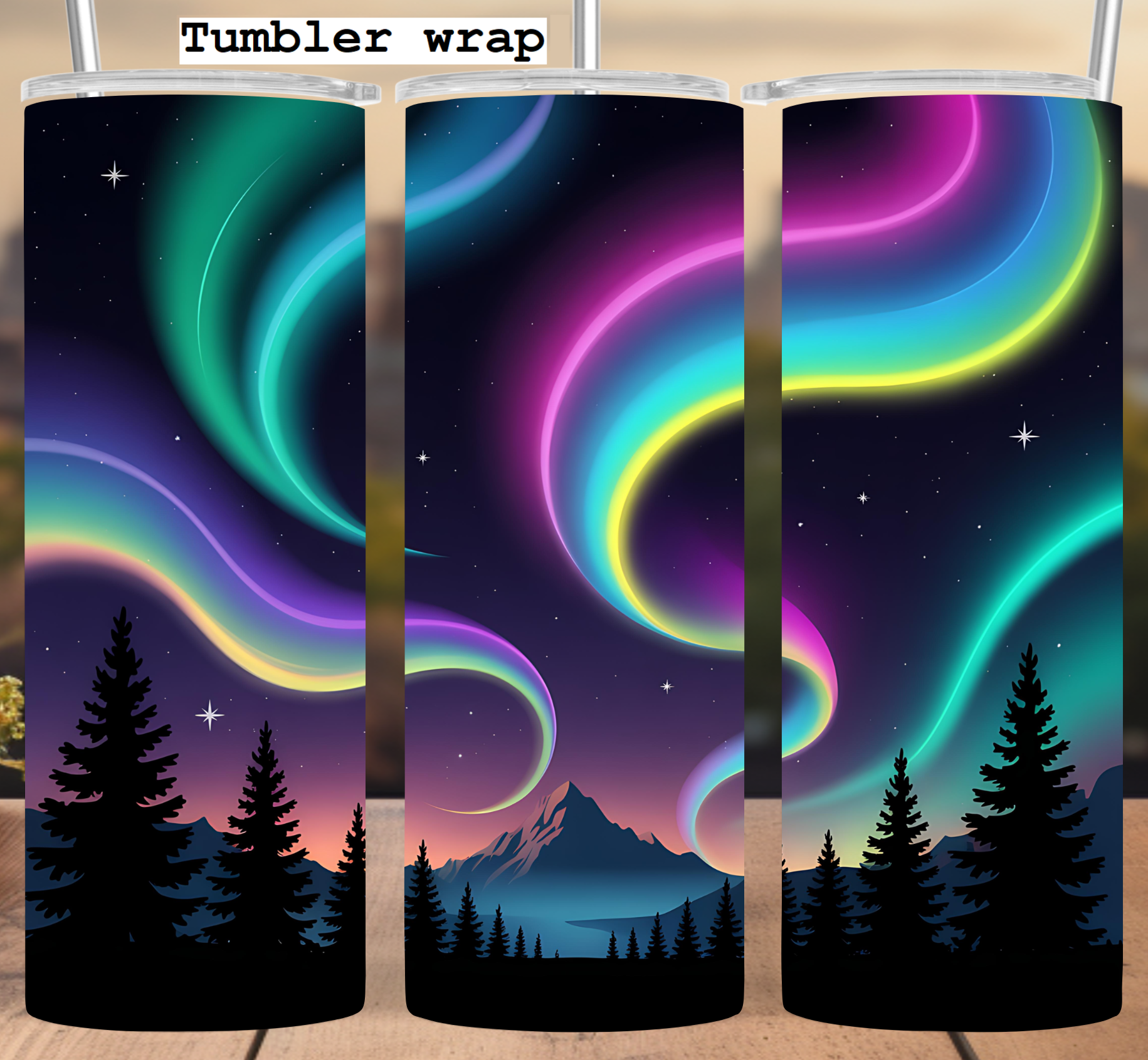 Northern Lights Mountain Night Scene tumbler wrap 20oz PNG