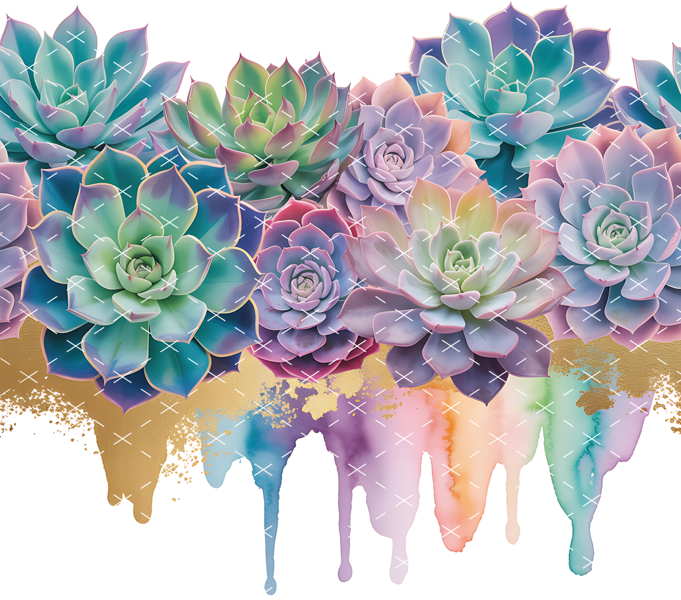 Succulent rainbow gold tumbler wrap 20oz PNG