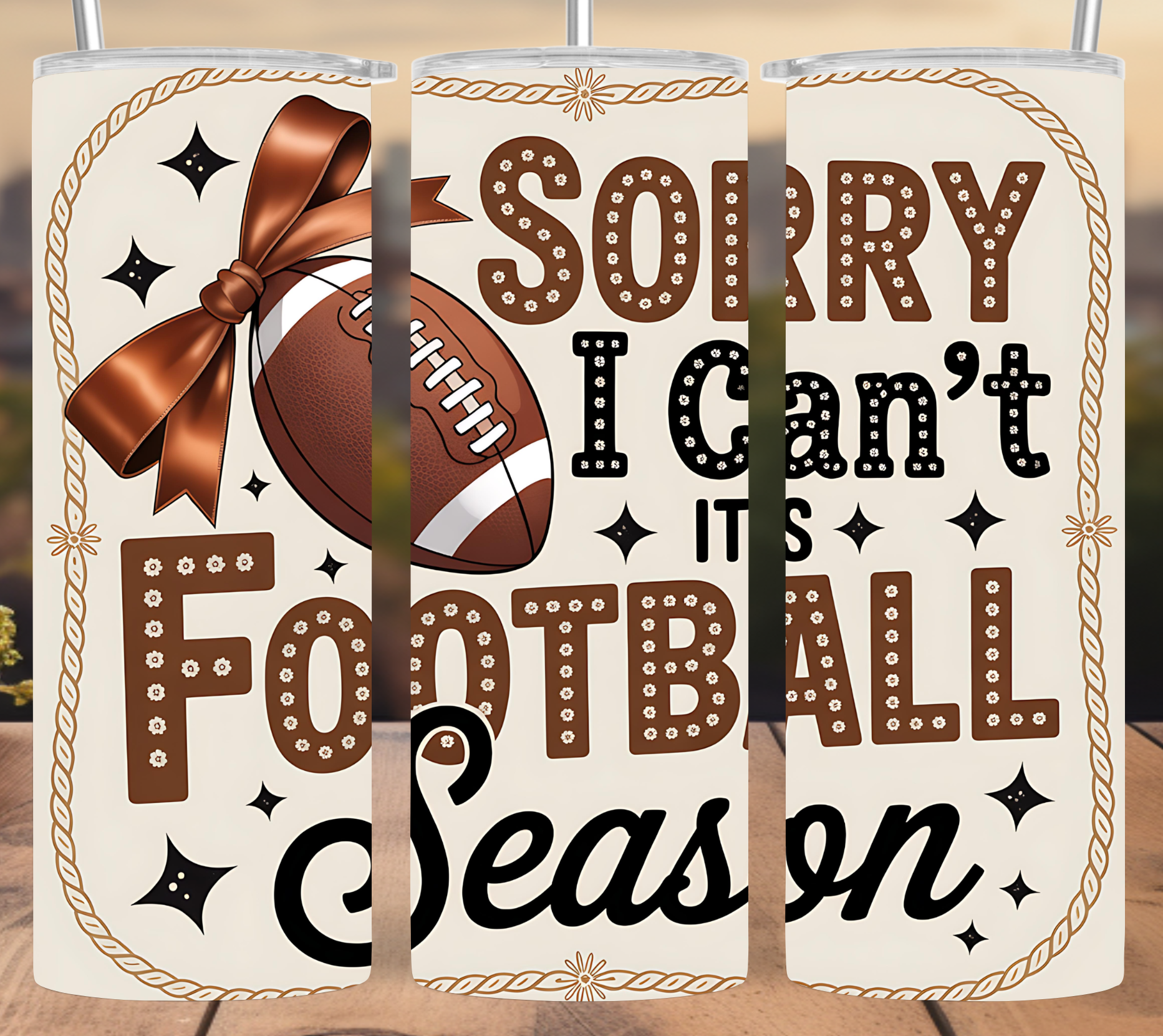 Football Season Tumbler Wrap: Sorry I Can’t It’s Football Time Brown Bow Design 20oz PNG (Digital Download)
