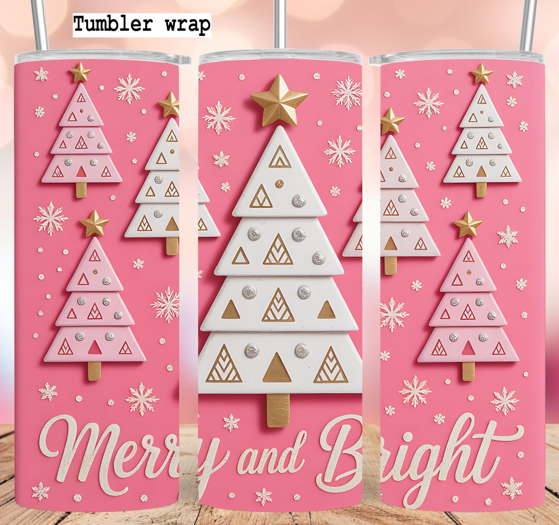 Pink Christmas Trees Merry Bright tumbler wrap 20oz PNG