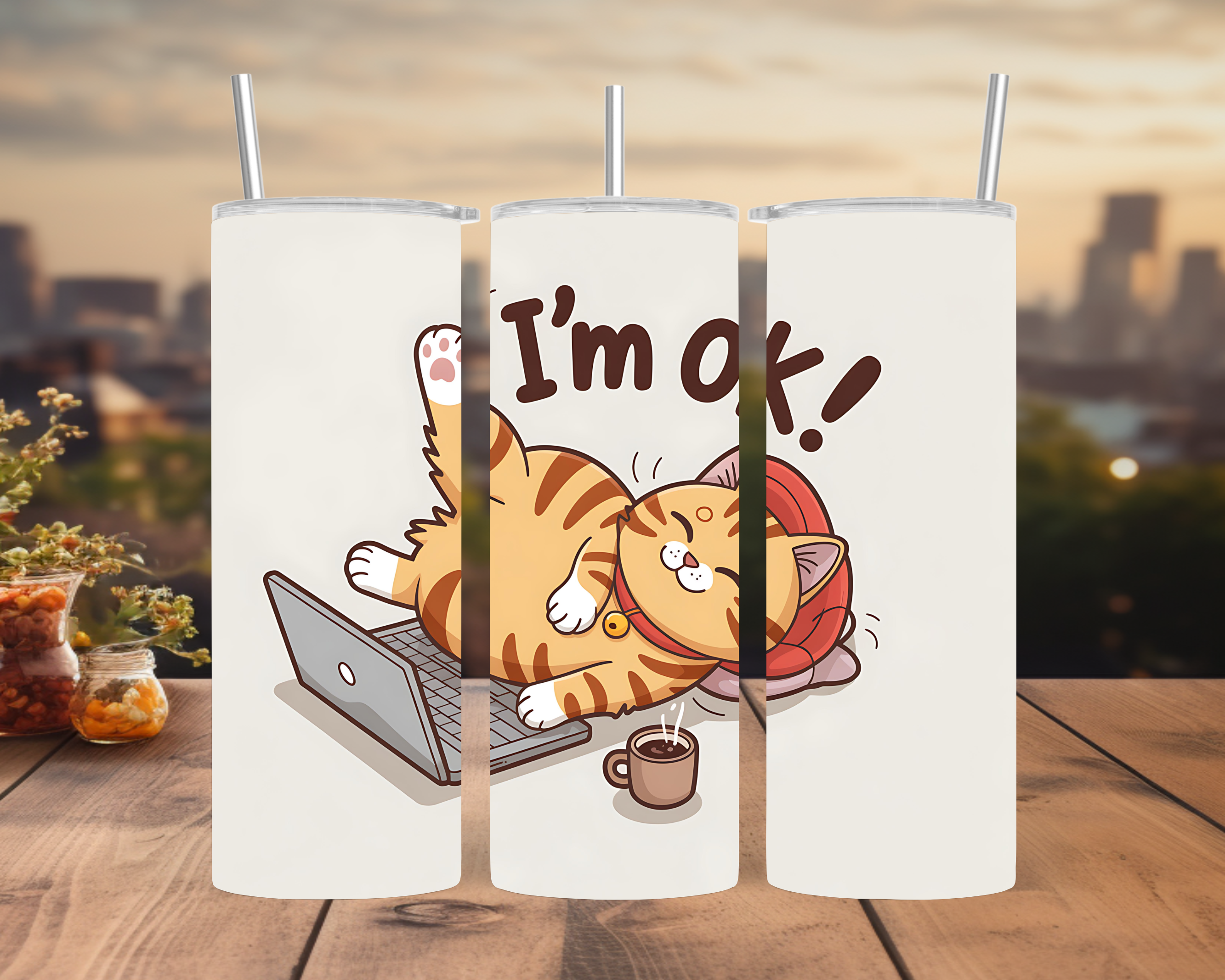 Cute Cat Coffee Tumbler Wrap: Funny Relaxing Laptop Design 20oz PNG (Digital Download)