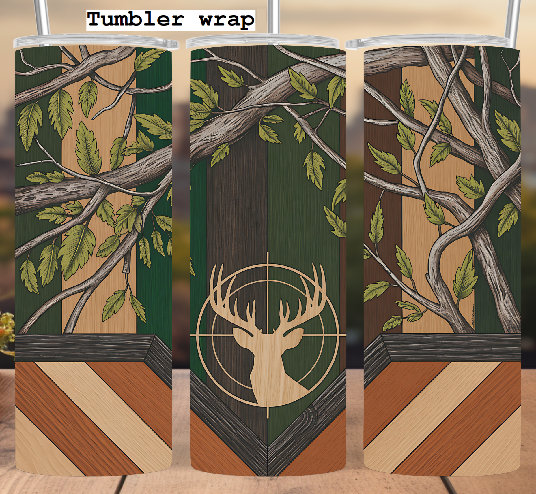 Deer Hunting Woodland Rustic Pattern tumbler wrap 20oz PNG