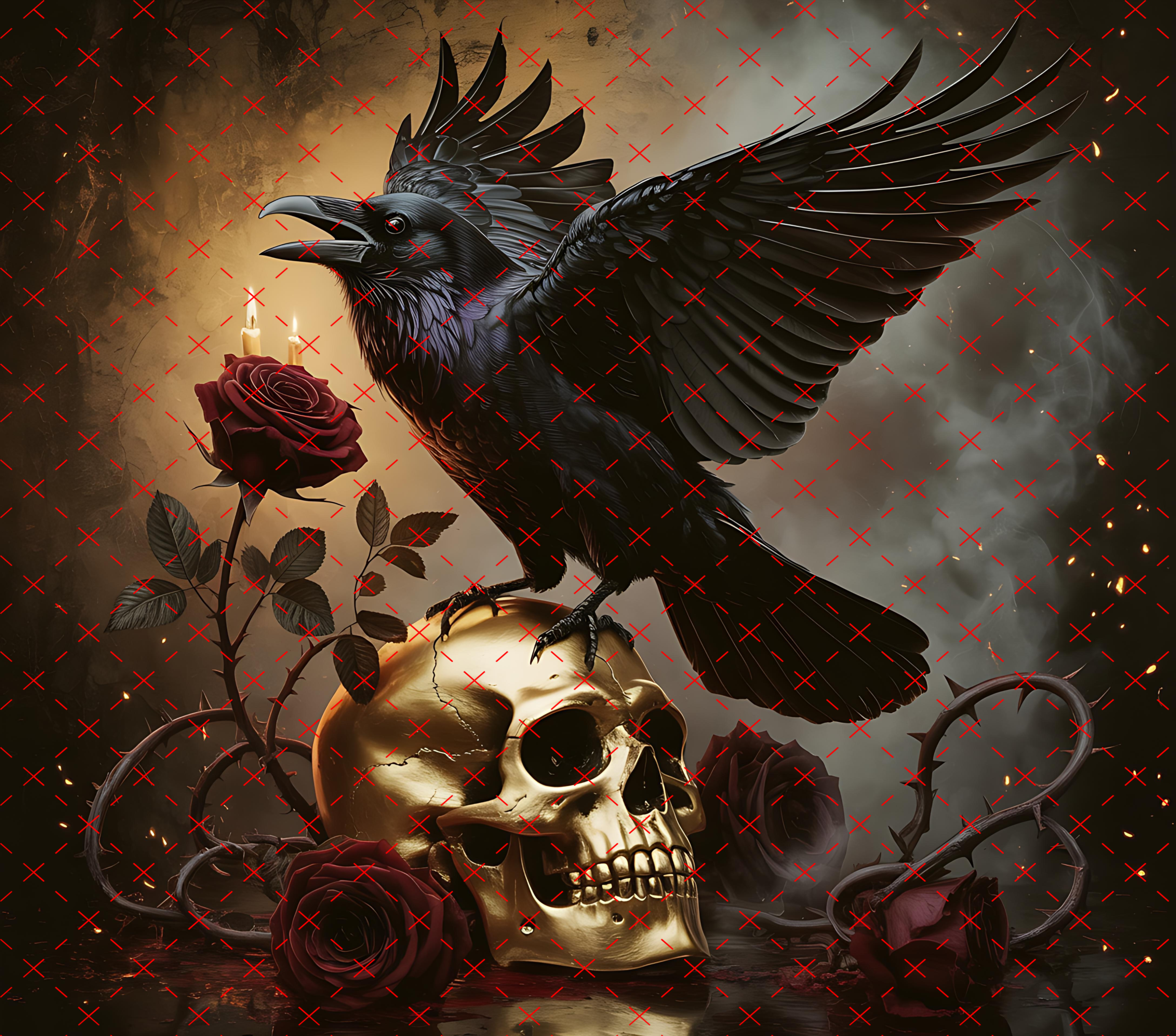 Raven Skull Tumbler Wrap: Gothic Roses and Candlelight 20oz PNG (Digital Download)