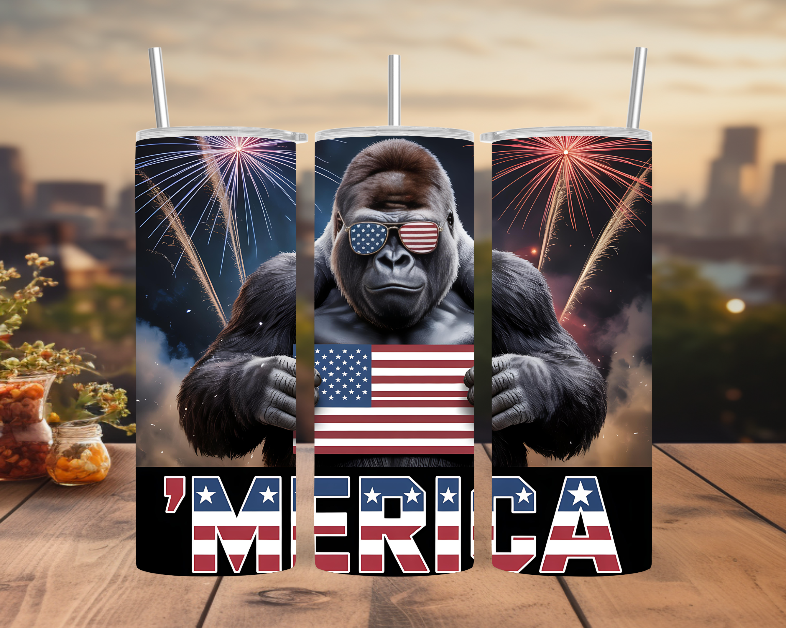 Patriotic Tumbler Wrap — Gorilla Fireworks USA Flag Design Wrap 20oz PNG