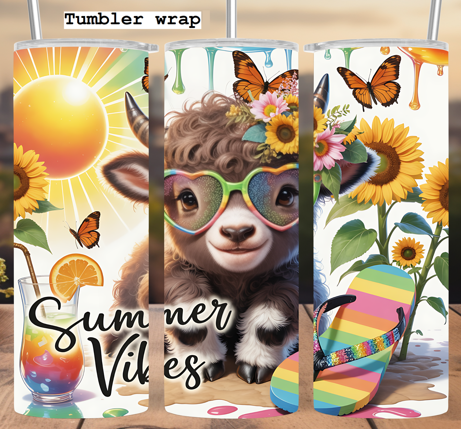Summer Vibes Highland Cow: Tropical Rainbow Sunflower Design tumbler wrap 20oz PNG