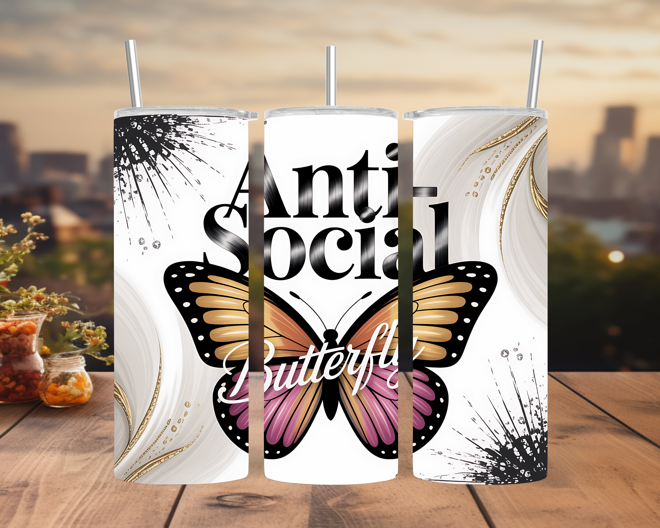 Anti-Social Butterfly Tumbler Wrap 20oz: Bold Typography Funny Butterfly Sublimation Design PNG