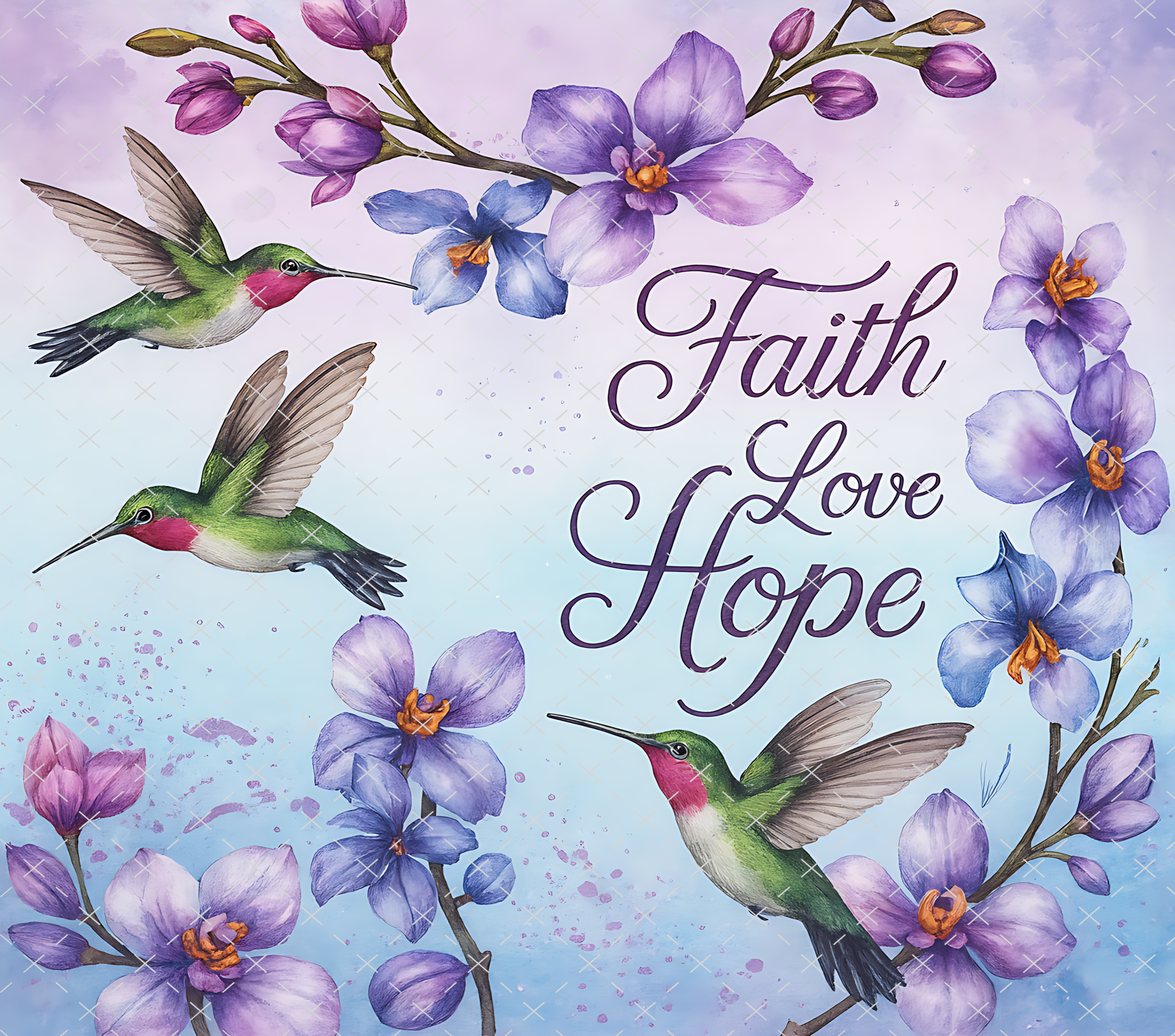 Faith Love Hope Tumbler Wrap: Hummingbird Floral Watercolor 20oz PNG Digital Download