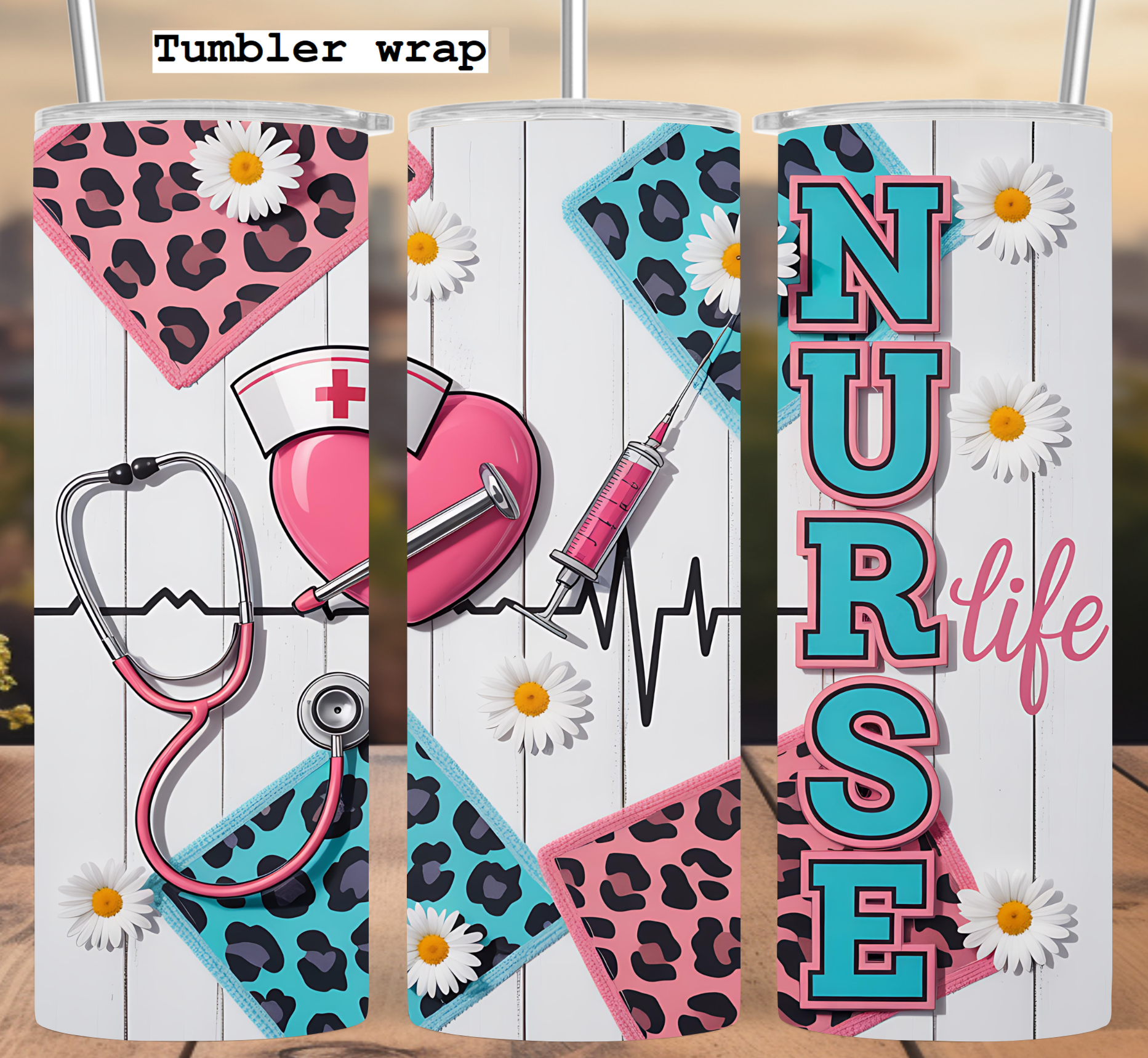 Nurse Life Tumbler Wrap: Pink and Teal Leopard Medical Heart Design tumbler wrap 20oz PNG