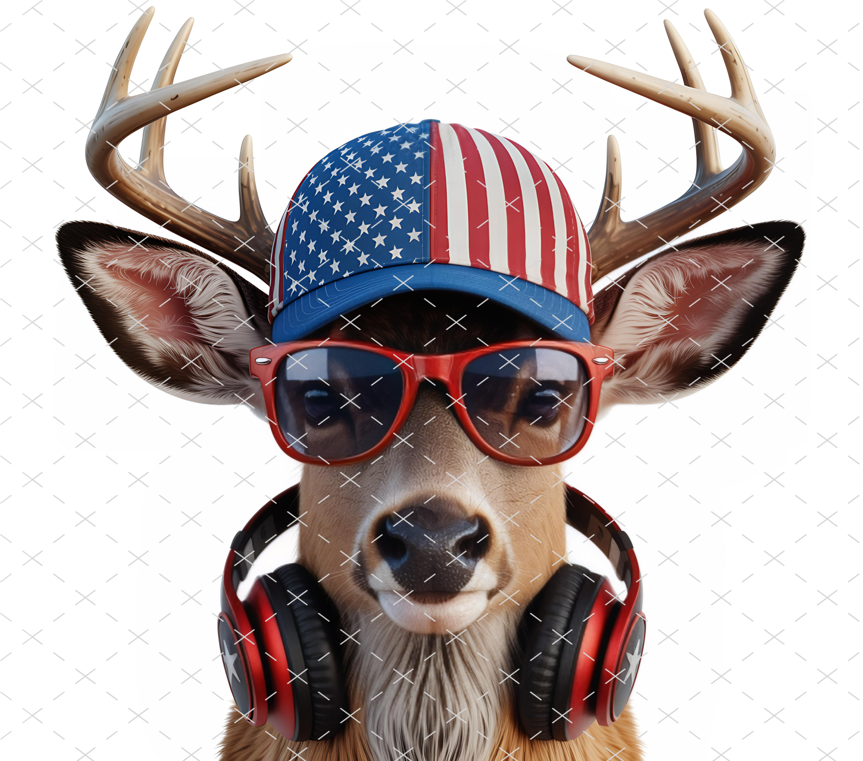 Patriotic Deer Tumbler Wrap 20oz PNG: Cool Americana Design with Headphones and Flag Cap