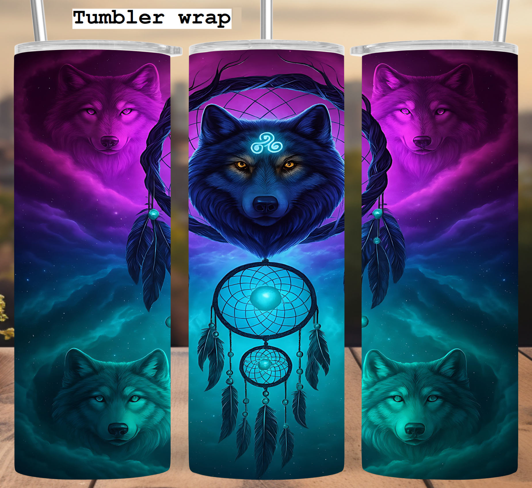 Wolf Dreamcatcher Spirit: Celestial Tribal Glow Art tumbler wrap 20oz PNG