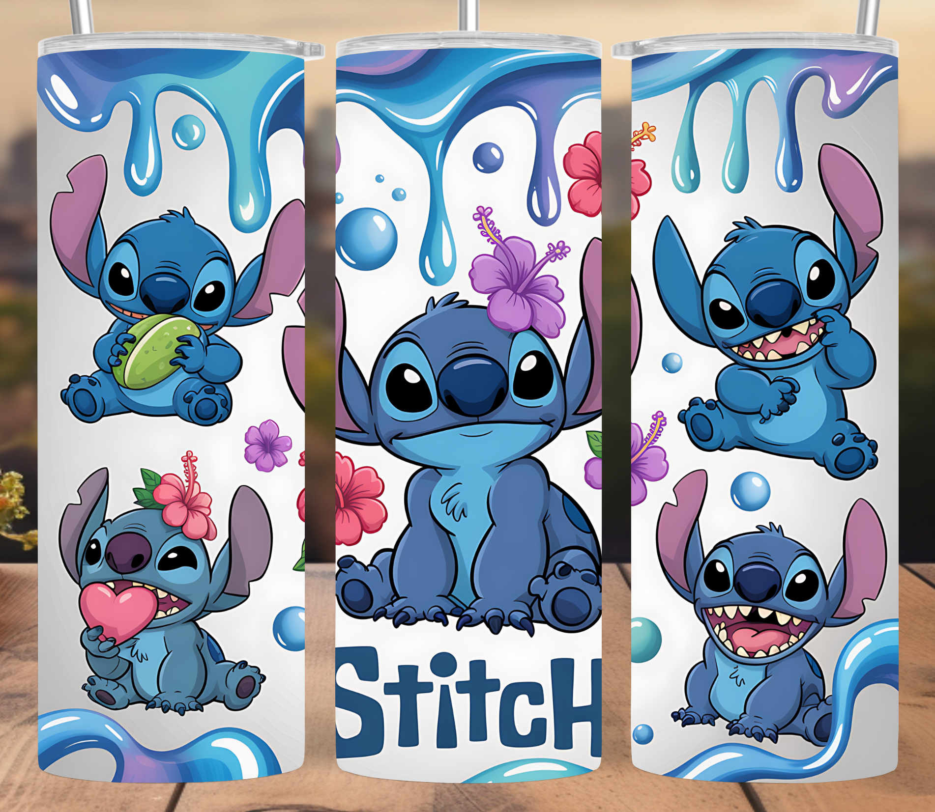Stitch Drip Tumbler Wrap: Blue Cartoon Character Drip Floral Design 20oz PNG (Digital Download)