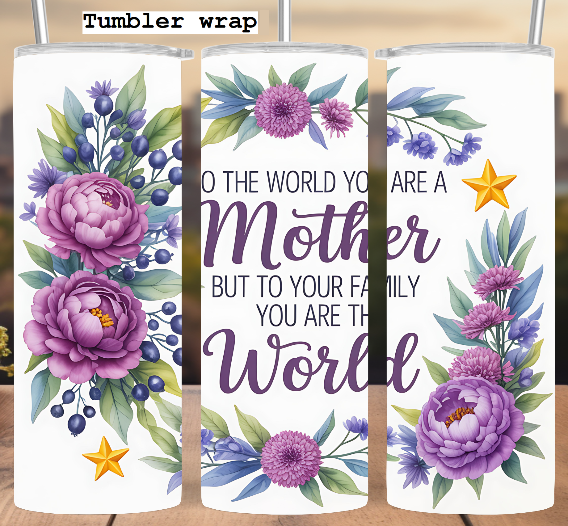 Mother Love Quote Floral Design: Purple Peonies and Gold Star Elegance tumbler wrap 20oz PNG