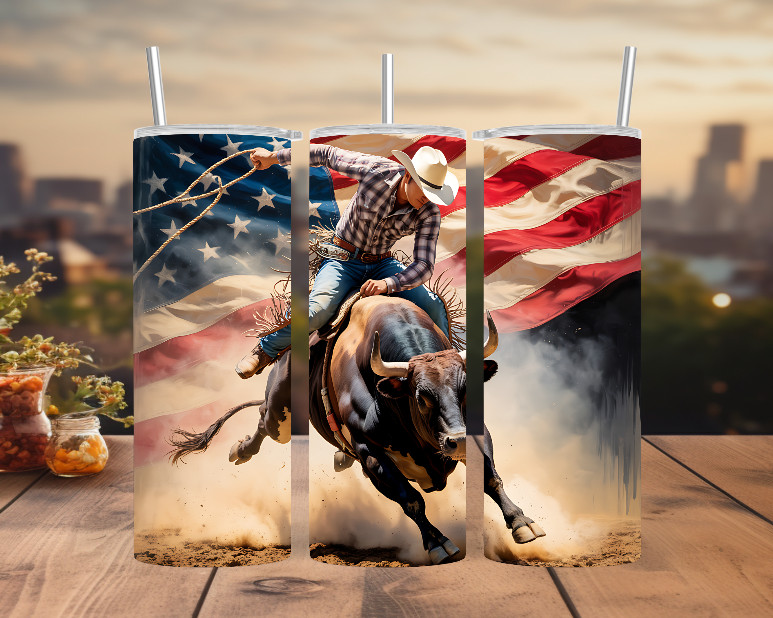 Bull Rider American Flag Tumbler Wrap 20oz: Patriotic Rodeo Western Sublimation Design PNG