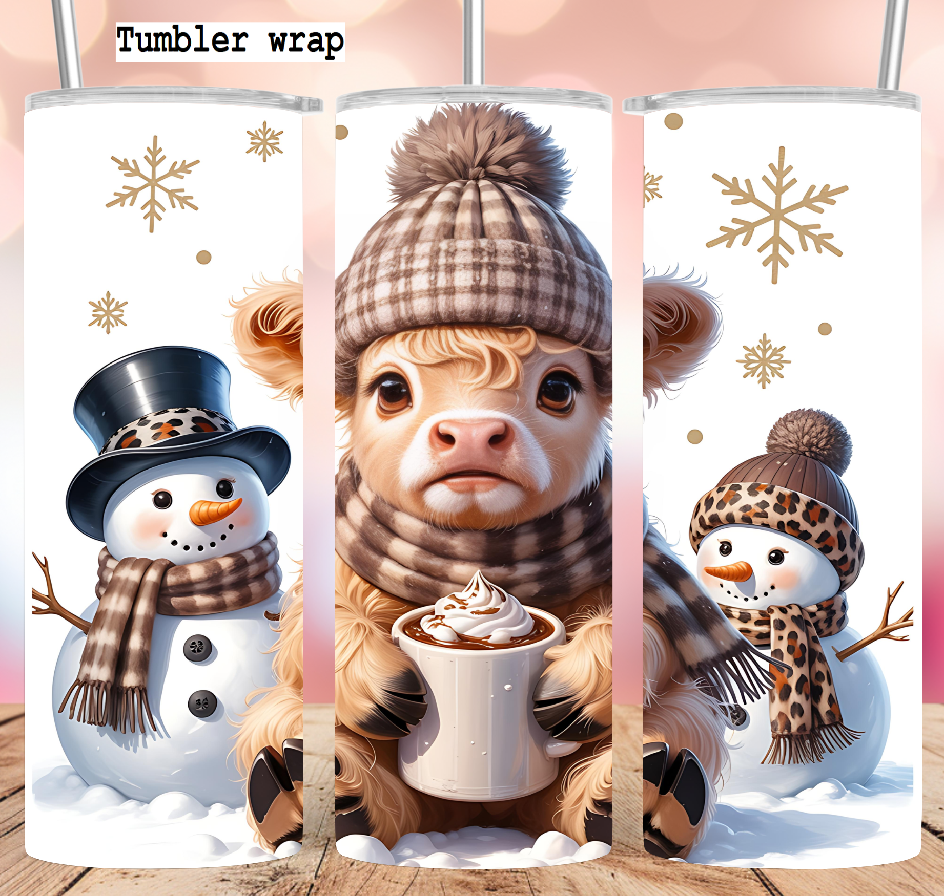 Cozy Highland Cow Christmas Snowman Hot Cocoa tumbler wrap 20oz PNG