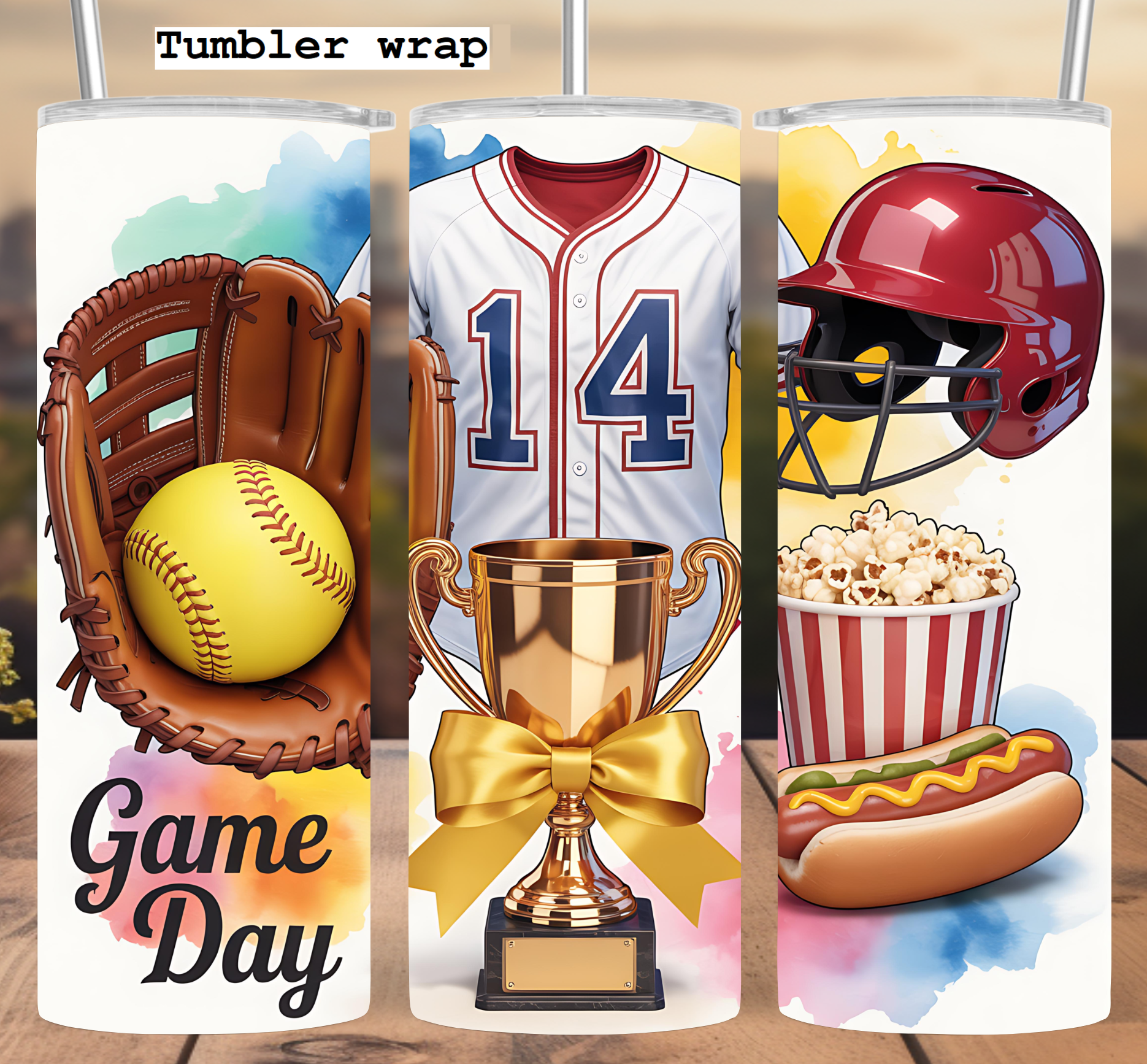 Game Day Tumbler Wrap: Softball Glove Trophy and Team Spirit Design tumbler wrap 20oz PNG