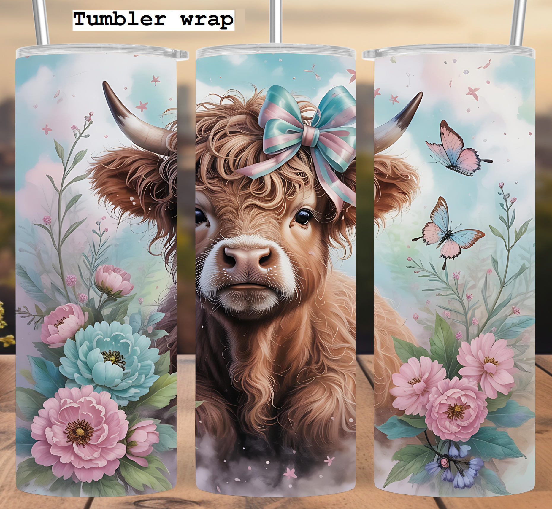 Highland Cow Tumbler Wrap: Pastel Floral Bow Design with Butterflies tumbler wrap 20oz PNG