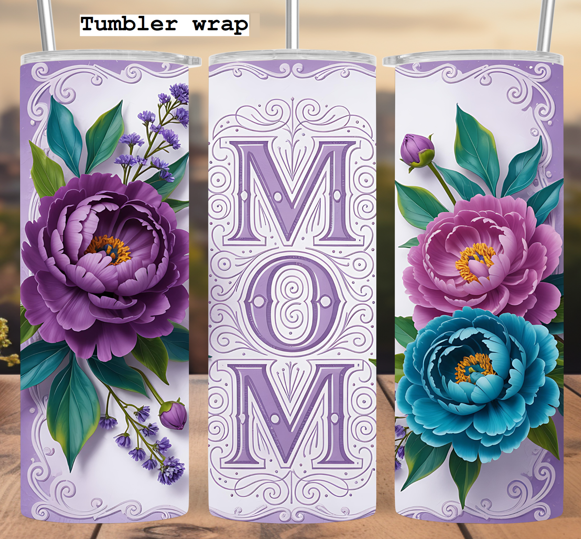 Floral MOM Design: Elegant Purple and Teal Peony Art tumbler wrap 20oz PNG