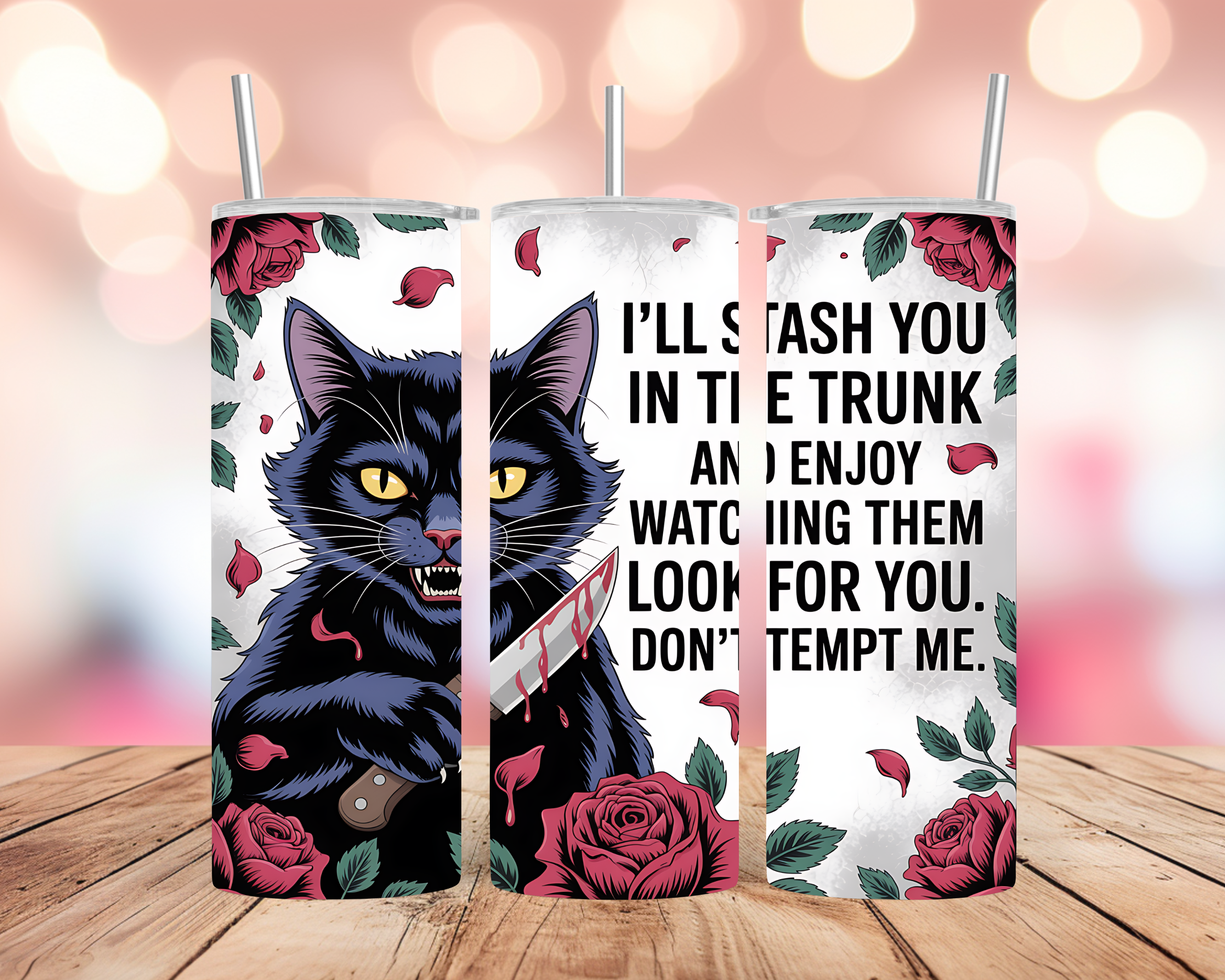 Gothic Cat Tumbler Wrap: Dark Humor Knife and Roses Design 20oz PNG (Digital Download)