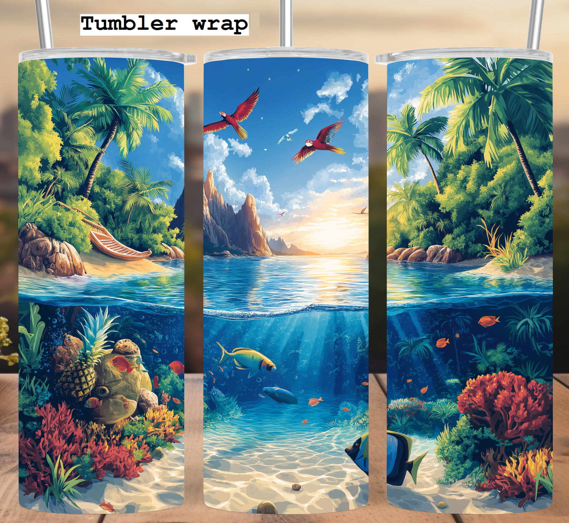 Tropical Beach Paradise: Ocean Sunset Coral Reef Design tumbler wrap 20oz PNG