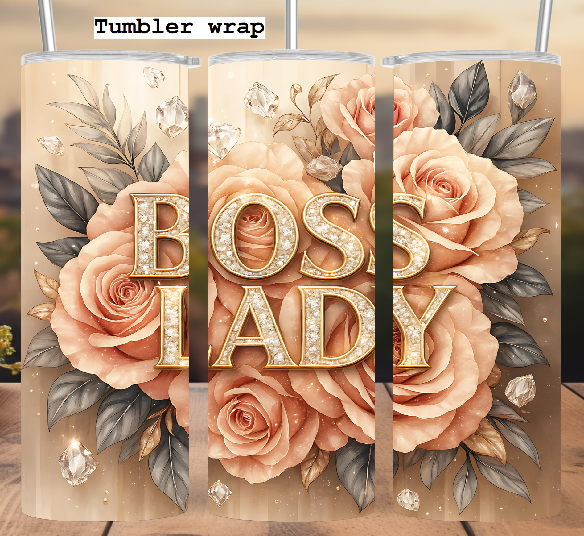 Boss Lady Tumbler Wrap: Rose Gold Floral Diamond Design 20oz PNG (Digital Download)