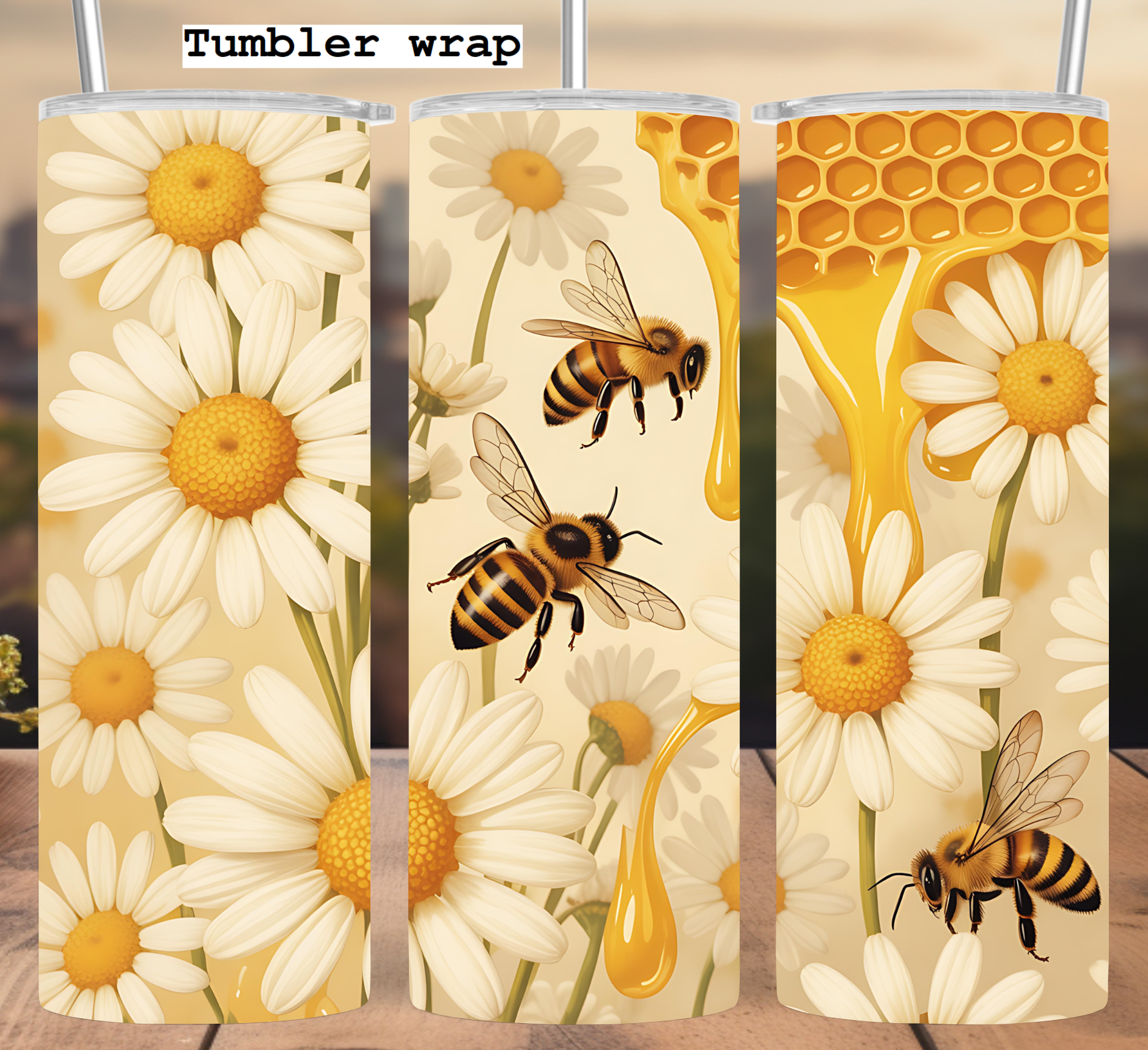 Bee Floral Tumbler Wrap: Honeycomb Daisy Design 20oz PNG (Digital Download)