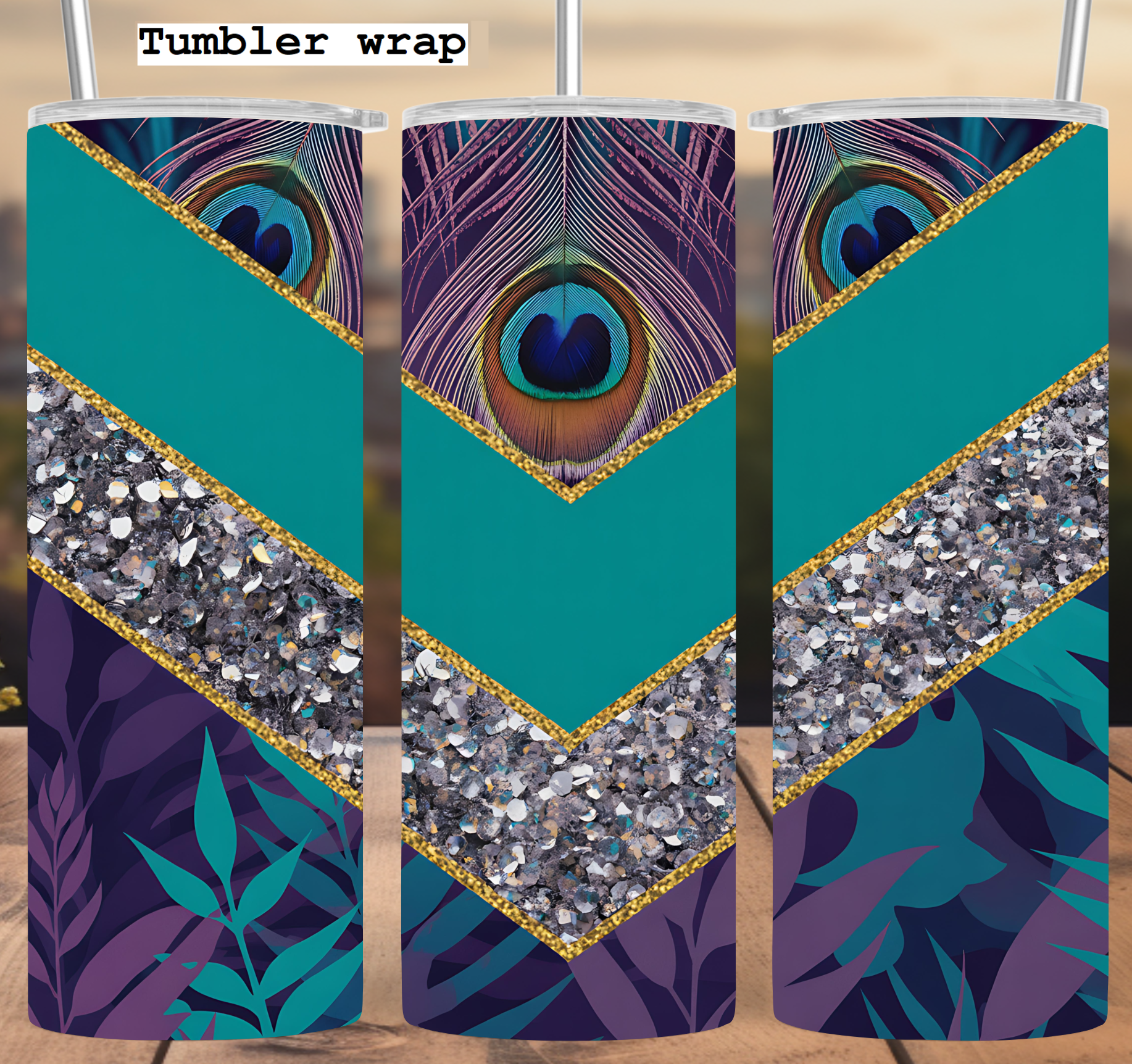 Peacock Feather Glitter tumbler wrap 20oz PNG