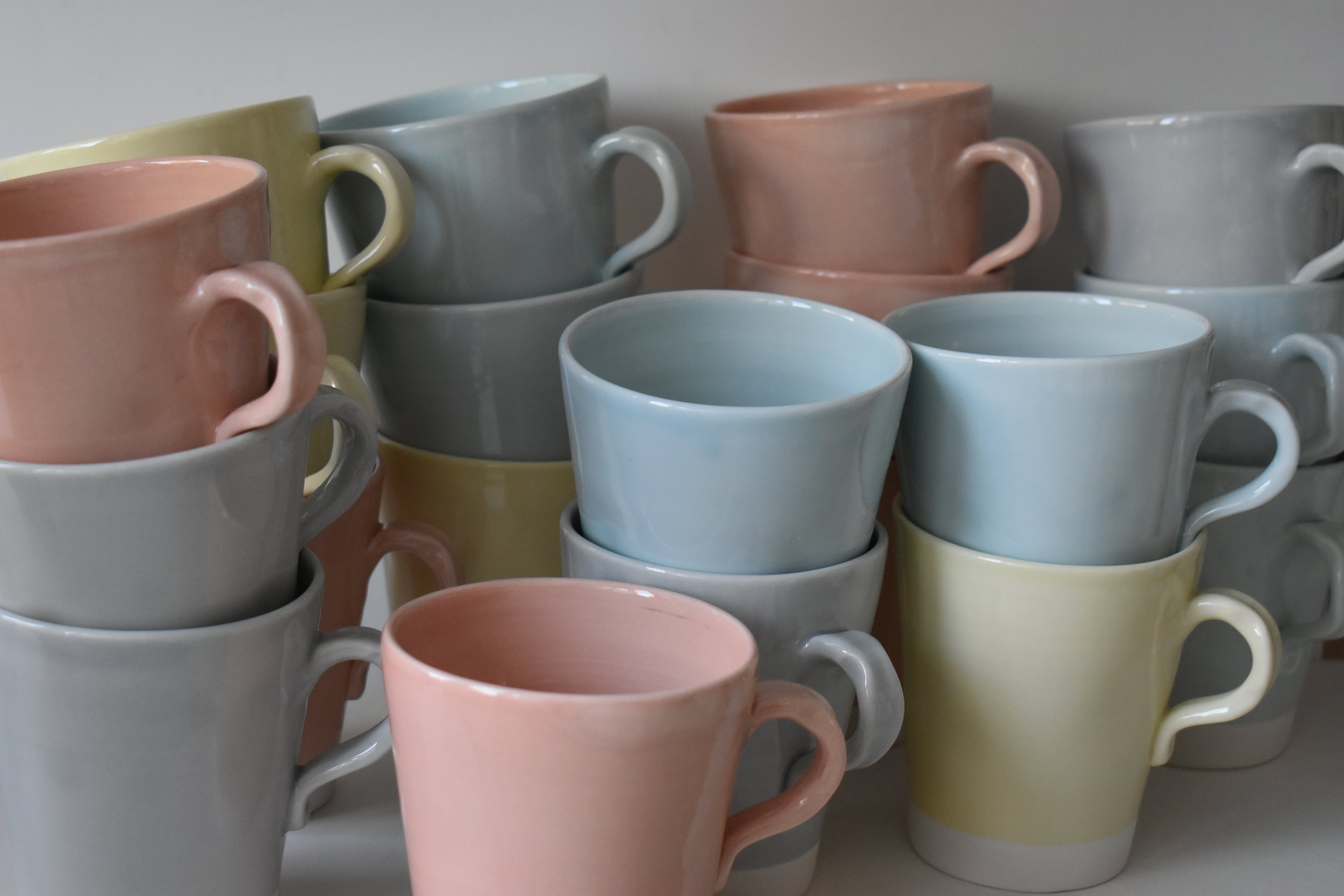 Mugs in pastel colours , Pale Pink. Duck Egg , Pale Grey and Lemon