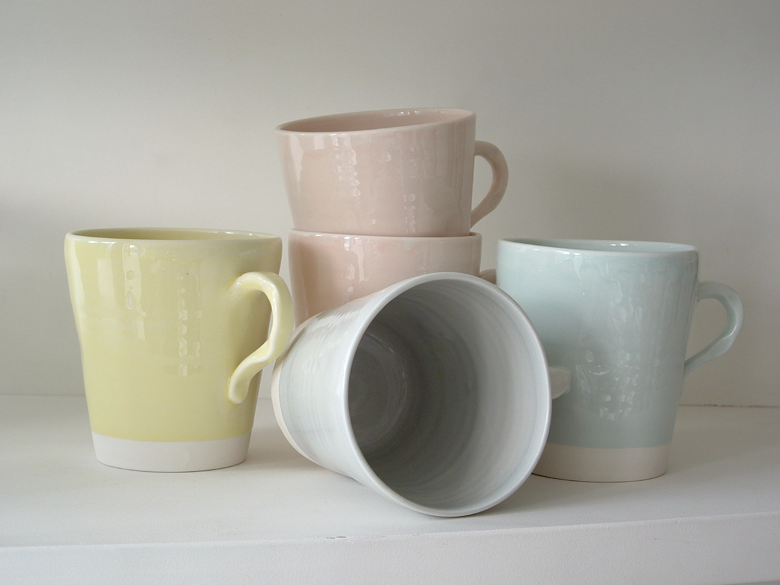 Mugs in pastel colours , Pale Pink. Duck Egg , Pale Grey and Lemon
