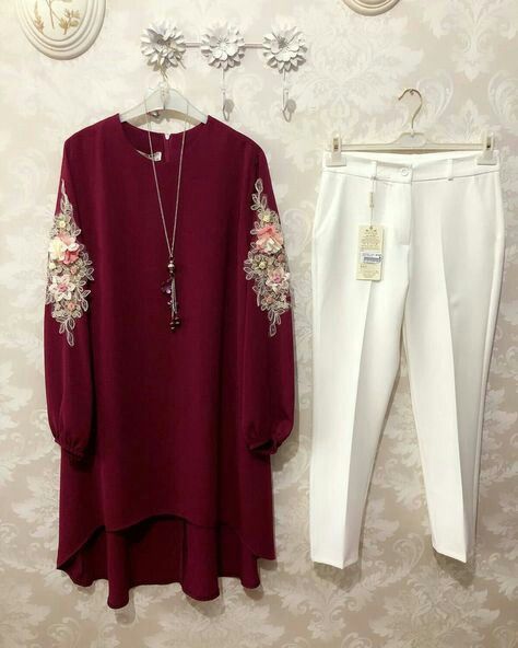 Embroidered Burgundy Tunic and White Pants Set