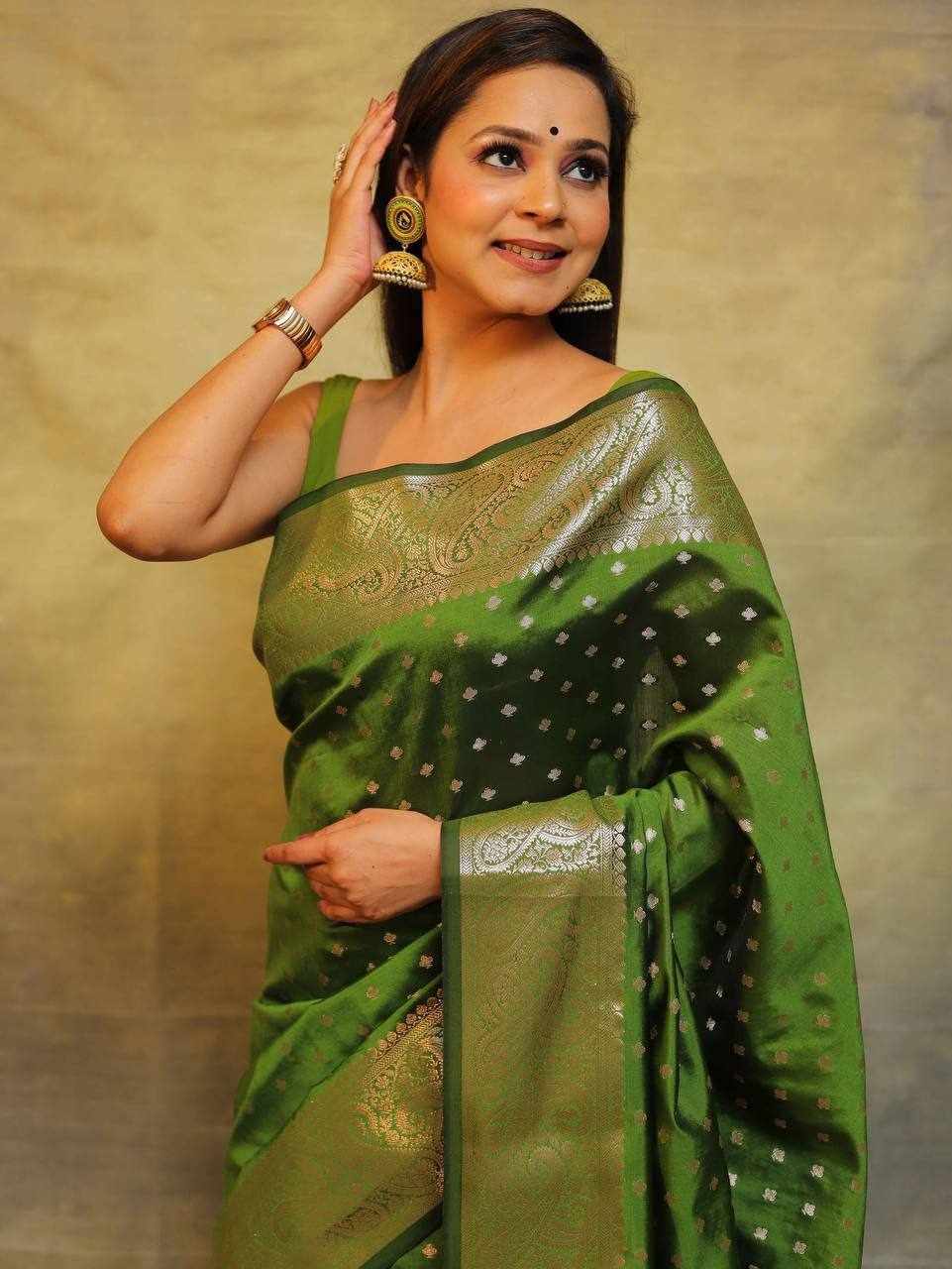 Green Silk Saree with Silver Zari Work