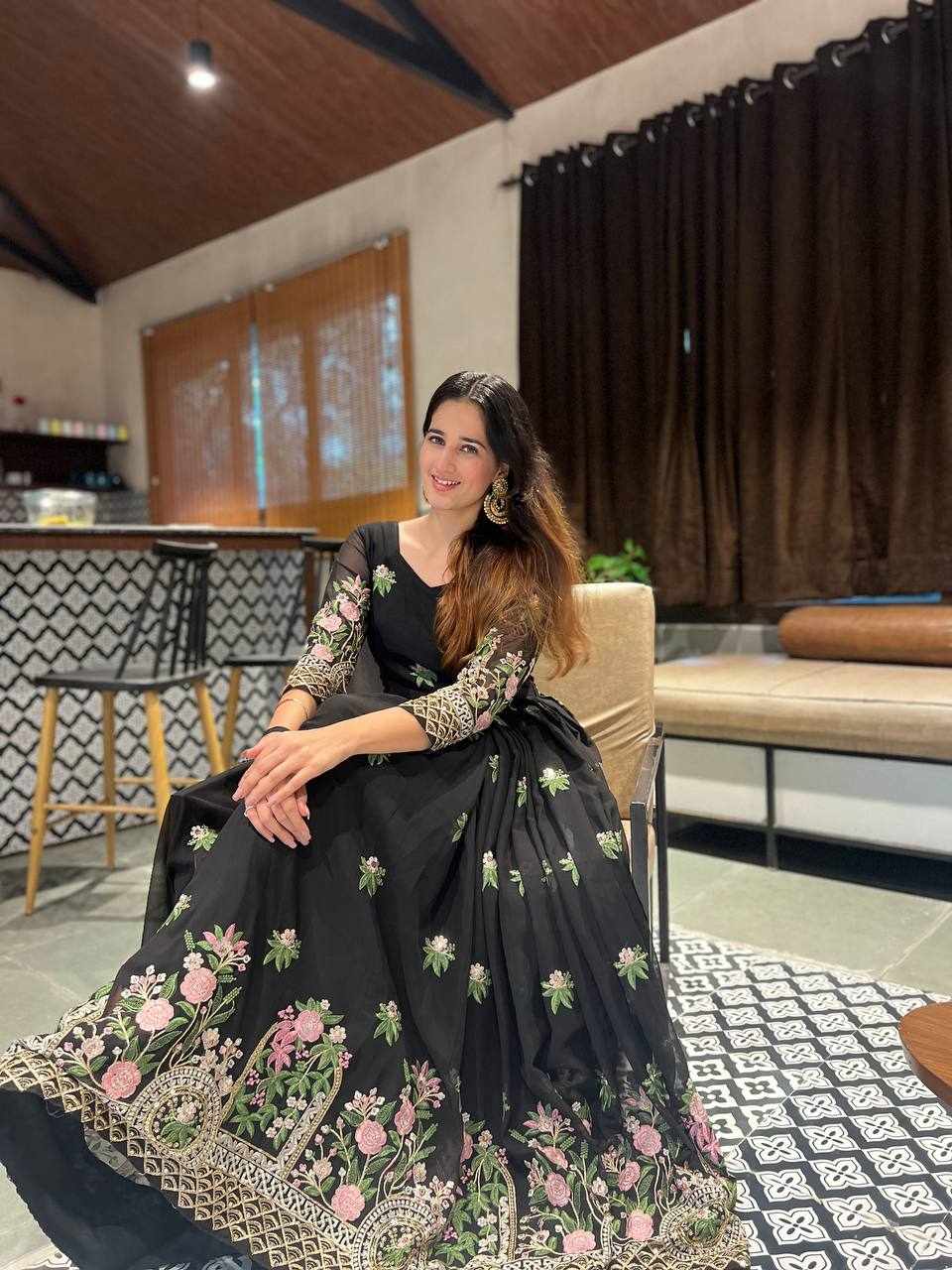 Black Floral Embroidered Anarkali Dress