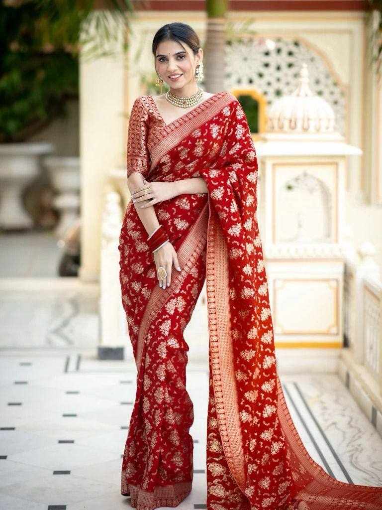 Traditional Red Embroidered Saree