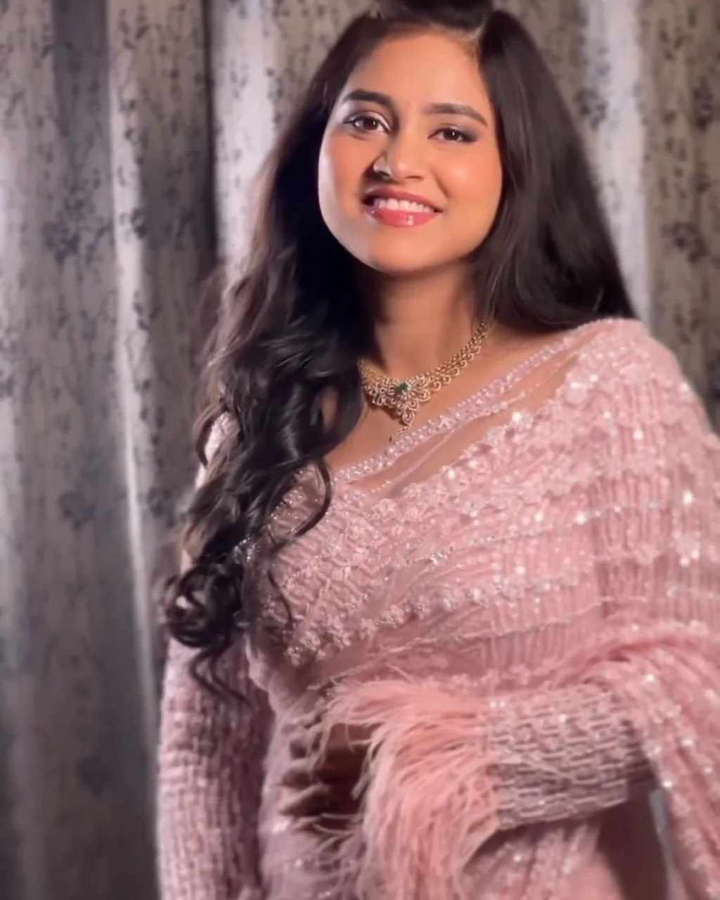 Embroidered Pink Net Saree