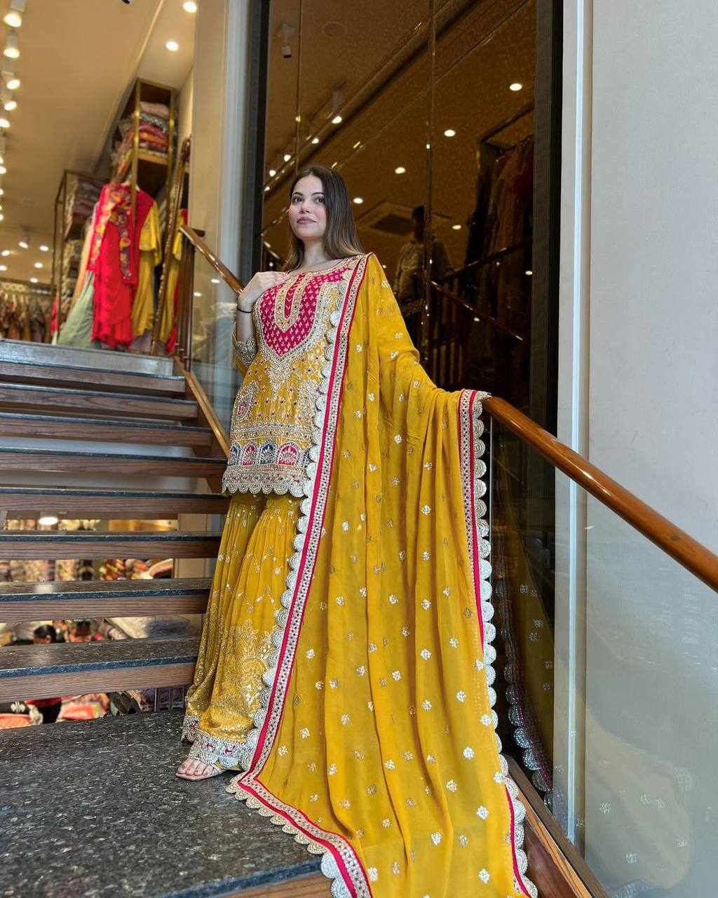 Embroidered Yellow and Pink Traditional Dress