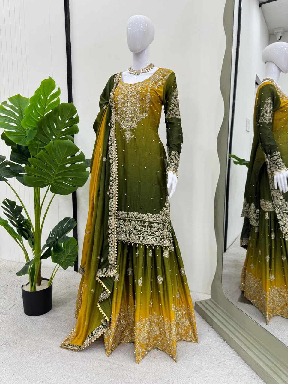Embroidered Gradient Green and Yellow Traditional Dress