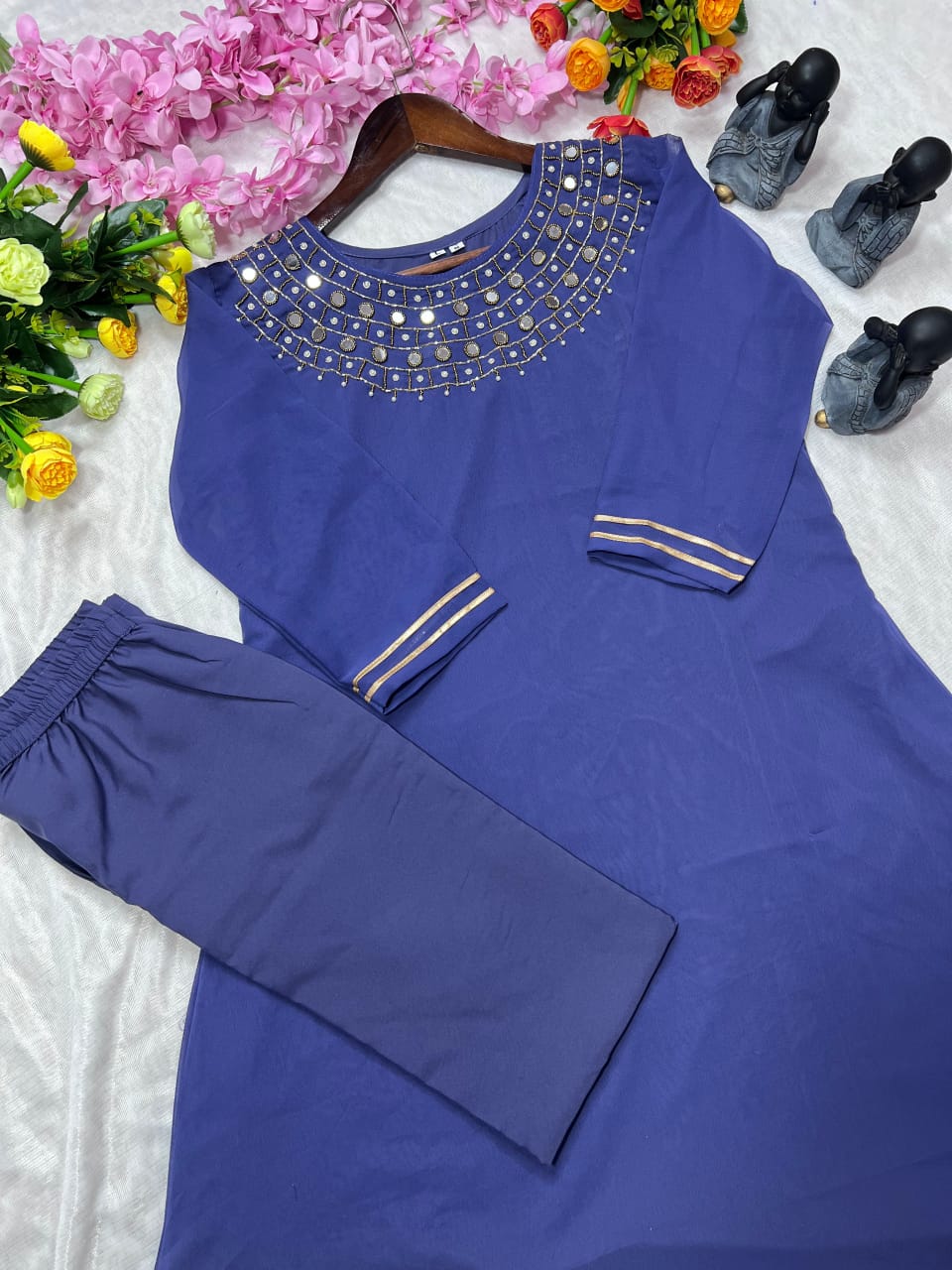 Embroidered Blue Chiffon Kurta Set