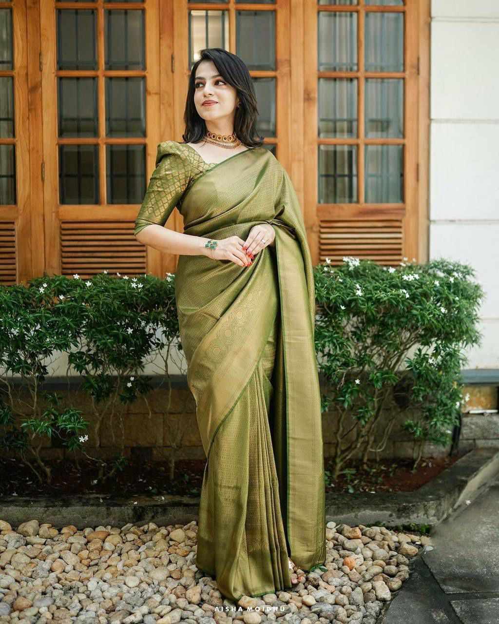 Elegant Olive Green Silk Saree
