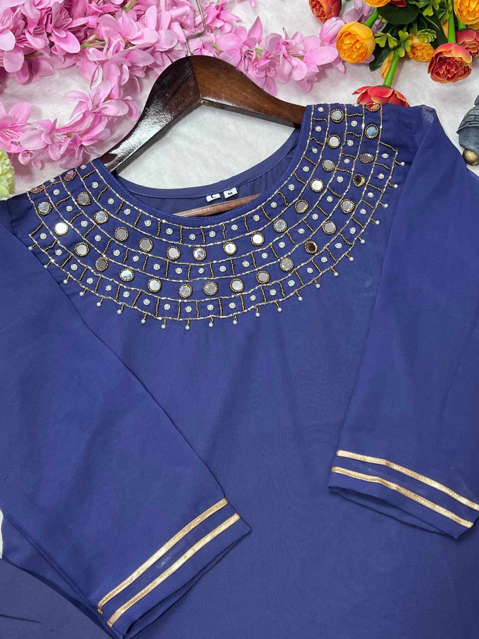 Embroidered Blue Chiffon Kurta Set