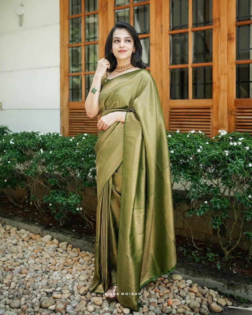 Elegant Olive Green Silk Saree