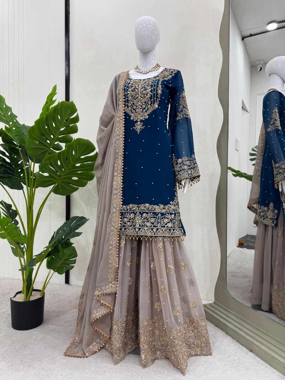 Embroidered Blue and Beige Formal Dress